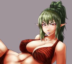 Rule 34 | 1girl, animal print, bra, breasts, cleavage, closed mouth, collarbone, echidna (queen&#039;s blade), echidna (queen's blade), elf, eyebrows, green hair, grey background, groin, highres, large breasts, looking at viewer, monochrome background, navel, panties, pointy ears, ponytail, queen&#039;s blade, simple background, solo, tiger panties, tiger print, underwear, underwear only, veteran mercenary echidna, yellow eyes