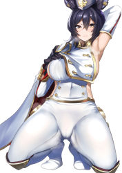 Rule 34 | 1girl, animal ears, arm up, armpits, black gloves, black hair, blush, boots, breasts, brown eyes, buttons, cameltoe, cape, clothing cutout, covered navel, detached sleeves, earrings, erune, garrison cap, gloves, granblue fantasy, hair between eyes, hand on own chest, hat, ilsa34660285, jewelry, knee boots, kneeling, large breasts, long sleeves, military, military uniform, muunyan (yumenekoya), side cutout, sideboob, simple background, solo, steam, sweat, tabard, thighs, uniform, white background, white uniform