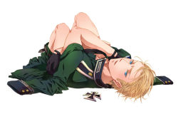 Rule 34 | 00s, 1boy, axis powers hetalia, blonde hair, blue eyes, clothes pull, cross, crossed arms, german text, germany (hetalia), gloves, iron cross, jacket, looking at viewer, lying, male focus, military, military uniform, on back, open clothes, open jacket, open mouth, pants, pants pull, ryouko (lovelovela), simple background, solo, undressing, uniform, white background