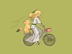 Rule 34 | 1girl, audrey hall, bicycle, bicycle basket, blonde hair, blush, chinese commentary, commentary request, corset, dog, dress, fyy2333, golden retriever, green background, green eyes, green neckwear, green ribbon, highres, long hair, long sleeves, lord of the mysteries, ribbon, riding, riding bicycle, simple background, susie (lord of the mysteries), white dress, white footwear