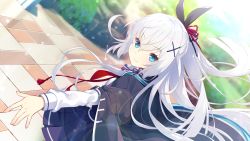Rule 34 | 1girl, akatsuki yureru koi akari, blue eyes, blurry, blurry background, blush, breasts, cape, closed mouth, day, dutch angle, female focus, game cg, hair between eyes, happy, high ponytail, legs, light blush, long hair, looking at viewer, nose blush, original, outdoors, outstretched arm, school uniform, skirt, sky, small breasts, smile, solo, standing, suzakuin momiji, thighs, tile floor, tiles, usume shirou, white hair