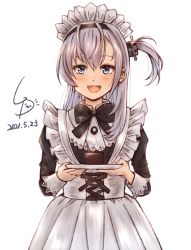 Rule 34 | 1girl, alternate costume, apron, artist logo, black dress, commentary request, dated, dress, enmaided, frilled apron, frills, grey eyes, highres, kantai collection, ld (luna dial398), long hair, looking at viewer, maid, maid headdress, one-hour drawing challenge, one side up, open mouth, plate, round teeth, silver hair, simple background, smile, solo, suzutsuki (kancolle), teeth, upper teeth only, white apron, white background