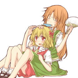 Rule 34 | 2girls, = =, arm up, ascot, blonde hair, bobby socks, bow, braid, dress, closed eyes, hand fan, female focus, flandre scarlet, food, hair bow, hand on head, hong meiling, ice cream, mary janes, mouth hold, multiple girls, natsuk, necktie, no headwear, no headwear, no wings, open mouth, paper fan, headpat, popsicle, red dress, red eyes, red hair, shirt, shoes, side ponytail, sitting, skirt, skirt set, socks, sweat, embodiment of scarlet devil, touhou, uchiwa
