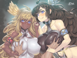 Rule 34 | 1boy, 2girls, :p, angel, bare shoulders, black leotard, blonde hair, grabbing another&#039;s breast, breast press, breasts, brown hair, commentary, curly hair, curvy, dark-skinned female, dark skin, deep skin, fangs, grabbing, granblue fantasy, guided breast grab, guiding hand, halluel (granblue fantasy), head wings, hetero, hip focus, holding hands, large breasts, leotard, long hair, looking down, malluel (granblue fantasy), multiple girls, naughty face, navel, nipples, obui, pov, purple eyes, shiny skin, signature, skindentation, smile, solo focus, thighs, tongue, tongue out, white leotard, wings