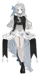 Rule 34 | 1girl, bad id, bad pixiv id, bare shoulders, black footwear, black shirt, blue choker, choker, closed mouth, frilled skirt, frills, grey eyes, grey hair, hair ribbon, high-waist skirt, light frown, long hair, looking at viewer, lunch (lunchicken), original, ribbon, shirt, simple background, sitting, skirt, solo, white background, white skirt
