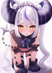 Rule 34 | 1girl, absurdres, bare shoulders, create8, gloves, grey hair, highres, hololive, horns, la+ darknesss, long hair, looking at viewer, multicolored hair, solo, streaked hair, virtual youtuber, yellow eyes