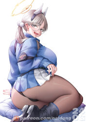 Rule 34 | 1girl, artist name, black panties, black pantyhose, blonde hair, blue archive, blue jacket, blunt bangs, breasts, candy, food, food in mouth, glasses, halo, headgear, highres, jacket, large breasts, lifted by self, lollipop, looking at viewer, low twintails, moe (blue archive), naidong (artist), open mouth, panties, pantyhose, parted bangs, patreon username, sitting, solo, twintails, underwear, white background, yellow eyes, yokozuwari