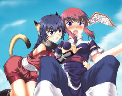 Rule 34 | 2girls, ainu clothes, animal ears, aquaplus, arms up, bare shoulders, bent over, blue eyes, blue hair, blush, boots, braid, grabbing another&#039;s breast, breasts, collar, dress, from below, gauntlet, grabbing, grin, hair between eyes, japanese clothes, karulau, kimono, kneeling, kouyama ritsu, looking at another, looking at viewer, medium breasts, multiple girls, nose blush, off shoulder, open mouth, outstretched arms, purple hair, purple sash, sash, see-through, see-through sleeves, short sleeves, sidelocks, single braid, sitting, sleeveless, smile, smug, spread arms, spread legs, tail, teeth, thighs, tongue, touka (utawarerumono), utawarerumono, white sash, wide-eyed