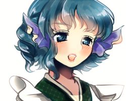Rule 34 | 1girl, aliprojectlove, bad id, bad pixiv id, blue eyes, blue hair, blush, female focus, fins, head fins, japanese clothes, matching hair/eyes, mermaid, monster girl, open mouth, short hair, solo, touhou, ukita uuko, upper body, wakasagihime, white background