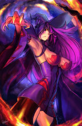 Rule 34 | 1girl, absurdres, arc system works, armpits, bad id, bad tumblr id, blazblue, blazblue: central fiction, breasts, cleavage, fingernails, glowing, glowing eyes, hair over one eye, hat, highres, konoe a. mercury, long hair, purple hair, sharp fingernails, solo, thighhighs, very long hair, wallace pires, witch hat, yellow eyes