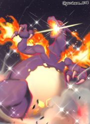 Rule 34 | alternate color, artist name, breath weapon, breathing fire, charizard, claws, commentary request, creatures (company), fire, flame-tipped tail, from below, game freak, gen 1 pokemon, gigantamax, gigantamax charizard, glowing, highres, night, nintendo, no humans, outdoors, pantheon eve, pokemon, pokemon (creature), shiny pokemon, sky, solo, sparkle, star (sky), watermark