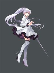 Rule 34 | 1girl, blue eyes, boots, dress, floating hair, full body, grey background, hair ornament, high heel boots, high heels, high ponytail, highres, holding, holding sword, holding weapon, layered dress, long hair, looking at viewer, lowah, open mouth, rwby, short dress, signature, silver hair, solo, sword, thigh boots, thighhighs, very long hair, weapon, weiss schnee, white dress, white footwear