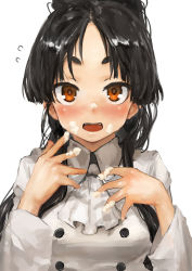 Rule 34 | 1girl, alternate costume, black hair, blush, breasts, brown eyes, ascot, cream, cream on face, flying sweatdrops, food, food on face, high ponytail, kantai collection, long hair, long sleeves, nisshin (kancolle), open mouth, ponytail, short eyebrows, simple background, solo, toka (marchlizard), upper body, whipped cream, white background