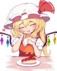 Rule 34 | 1girl, ascot, blonde hair, blush, breasts, closed eyes, collared shirt, commentary request, crystal, dress, eyelashes, fang, flandre scarlet, food, frills, hair between eyes, hand on own face, hands up, happy, hat, hat ribbon, heart, highres, jewelry, medium breasts, mob cap, multicolored wings, one side up, open mouth, orange ascot, plate, pudding, puffy short sleeves, puffy sleeves, red dress, red ribbon, ribbon, shirt, short hair, short sleeves, simple background, sitting, smile, snozaki, solo, spoon, table, tongue, touhou, white background, white hat, white shirt, wings