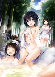 Rule 34 | 3girls, absurdres, black hair, blush, breasts, brown eyes, brown hair, closed eyes, covering privates, day, fang, forest, hair between eyes, hair ornament, hand on own chest, highres, kakao (chocolate land), large breasts, long hair, medium breasts, multiple girls, naked towel, nature, navel, nude, nude cover, onsen, open mouth, original, outdoors, partially submerged, purple eyes, scan, shiny skin, short hair, sitting, sky, soaking feet, standing, steam, swept bangs, towel, tree, water, wide hips