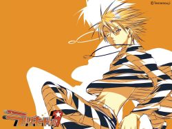 Rule 34 | 1boy, blonde hair, clothes lift, gian carlo, jewelry, lucky dog, male focus, monochrome, necklace, one eye closed, prison, prisoner, running, shirt lift, solo, striped, tennenouji, wink