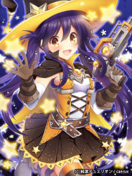 Rule 34 | 1girl, cape, copyright name, elbow gloves, fang, gloves, gun, hat, junketsu duelion, long hair, mauve, noel dacquoise, official art, open mouth, pleated skirt, purple eyes, skirt, solo, thighhighs, weapon, witch hat, yellow eyes
