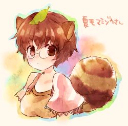 Rule 34 | 1girl, alternate hair length, alternate hairstyle, animal ears, breasts, brown eyes, brown hair, brown shirt, closed mouth, dot mouth, futatsuiwa mamizou, glasses, leaf, leaf on head, looking at viewer, medium breasts, raccoon ears, raccoon girl, raccoon tail, sen1986, shirt, short hair, simple background, solo, tail, touhou, upper body, white background