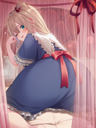 Rule 34 | 1girl, akai haato, aqua eyes, ass, back bow, bed, bed sheet, blonde hair, blue dress, blush, bow, canopy bed, commentary request, dress, fang, hair between eyes, hair ornament, hair scrunchie, heart, heart hair ornament, highres, hololive, indoors, long hair, long sleeves, looking at viewer, looking back, magowasabi, one eye closed, scrunchie, signature, skin fang, virtual youtuber, waking up, wavy hair