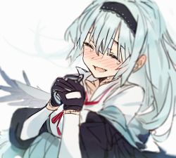 Rule 34 | 1girl, blue hair, blush, commentary request, crying, closed eyes, fang, girls&#039; frontline, gloves, nin (lion), open mouth, scar, smile, solo, tears, thunder (girls&#039; frontline)