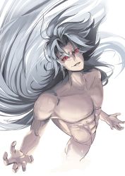 Rule 34 | 1boy, abs, absurdres, blue eyes, collarbone, colored sclera, completely nude, eyelashes, gemini kanon, grey hair, hair between eyes, highres, kodamazon, light smile, long hair, looking at viewer, male focus, muscular, muscular male, nude, parted lips, red pupils, red sclera, saint seiya, simple background, sketch, smile, solo, teeth, veins, very long hair, white background
