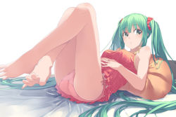 Rule 34 | 1girl, ass, bare legs, bare shoulders, barefoot, bed sheet, feet, female focus, green hair, hatsune miku, legs, long hair, long legs, lying, on back, panties, pillow, pink panties, scrunchie, solo, spread toes, toes, touboku, twintails, underwear, very long hair, vocaloid
