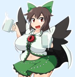 Rule 34 | 1girl, :d, beer mug, belly, bird wings, blush, bouncing breasts, bow, breasts, brown hair, cape, cowboy shot, cup, date pun, hair bow, huge breasts, long hair, looking at viewer, manorea, midriff peek, milk, mug, navel, number pun, offering drink, open clothes, open mouth, open shirt, plump, red eyes, reiuji utsuho, shirt, simple background, skirt, smile, solo, textless version, third eye, touhou, translated, wide hips, wings