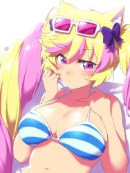 Rule 34 | 1girl, animal ear fluff, animal ears, bikini, blonde hair, blue bikini, blush, bow, breasts, cat ears, closed mouth, hair bow, halterneck, hands up, highres, large breasts, looking at viewer, multicolored hair, navel, onsoku inu, pink-tinted eyewear, pink hair, purple bow, purple eyes, show by rock!!, solo, striped bikini, striped clothes, swimsuit, tinted eyewear, twintails, two-tone hair, upper body