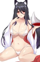 Rule 34 | 1girl, :o, animal ears, bare shoulders, bikini, black hair, breasts, cleavage, collarbone, cup, fox ears, fox girl, fox tail, hair between eyes, highres, holding, large breasts, long hair, looking at viewer, mole, mole under eye, multi-strapped bikini, navel, original, parted lips, red eyes, sakazuki, simple background, sitting, sogaya, solo, stomach, swimsuit, tail, thighs, v, very long hair, wariza, white background, white bikini, wide sleeves