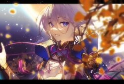 Rule 34 | 1boy, bishounen, blue eyes, blurry, chinese clothes, depth of field, fate/grand order, fate (series), ginkgo leaf, grey hair, hair between eyes, highres, leaf, long bangs, looking at viewer, neck ribbon, prince of lan ling (fate), ribbon, smile, solo, tassel, tree, uby401