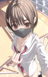 Rule 34 | 1girl, arm up, black bra, bra, bra peek, breasts, brown eyes, brown hair, chair, classroom, cleavage, clothes pull, collarbone, collared shirt, commentary request, desk, foreshortening, from above, highres, indoors, long sleeves, looking at viewer, looking up, mask, mottsun (i 40y), mouth mask, necktie, no pants, original, outstretched arm, pulled by self, red necktie, school chair, school desk, selfie, shirt, shirt pull, short hair, small breasts, solo, standing, thick eyebrows, underwear, wooden floor
