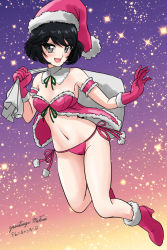 Rule 34 | 1girl, alternate costume, arm strap, artist name, babydoll, bikini, black eyes, black hair, black ribbon, blue background, boots, breasts, christmas, commentary, dated, detached collar, floating, girls und panzer, gloves, gradient background, hat, high collar, high heel boots, high heels, holding, holding sack, looking at viewer, matsui yasutsugu, navel, neck ribbon, one-hour drawing challenge, open mouth, orange background, over shoulder, red babydoll, red footwear, red gloves, red hat, ribbon, sack, santa bikini, santa boots, santa costume, santa gloves, santa hat, short hair, side-tie bikini bottom, signature, small breasts, smile, solo, star (symbol), starry background, string bikini, swimsuit, utsugi yuuki, waving