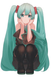 Rule 34 | 1girl, bad id, bad pixiv id, black footwear, black skirt, black sleeves, black thighhighs, boots, closed mouth, collared shirt, commentary, detached sleeves, eyebrows hidden by hair, full body, green eyes, green hair, green necktie, grey shirt, hands up, hatsune miku, highres, light smile, long sleeves, necktie, panties, pleated skirt, shirt, simple background, skirt, sleeveless, sleeveless shirt, solo, squatting, striped clothes, striped panties, thigh boots, thighhighs, twintails, underwear, vocaloid, white background, wide sleeves, yaoku