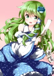 Rule 34 | 1girl, :d, bare shoulders, blue skirt, blush, breasts, commentary request, cowboy shot, detached sleeves, frog hair ornament, gradient background, green eyes, green hair, hair between eyes, hair ornament, hair tubes, highres, holding, kochiya sanae, long hair, long sleeves, looking at viewer, medium breasts, ofuda, open mouth, petticoat, pink background, ribbon, ruu (tksymkw), shirt, single sidelock, skirt, smile, snake hair ornament, solo, star (symbol), touhou, translation request, white ribbon, white shirt, wide sleeves