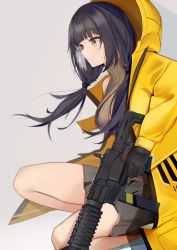 Rule 34 | 1girl, absurdres, black gloves, black hair, breasts, brown sweater vest, colt 9mm smg, girls&#039; frontline, gloves, gun, heterochromia, highres, holding, holding gun, holding weapon, hood, hood up, hooded jacket, jacket, kotoha (kotoha65), large breasts, long hair, long sleeves, low twintails, multicolored hair, red eyes, ro635 (girls&#039; frontline), solo, streaked hair, submachine gun, sweater vest, twintails, weapon, white hair, yellow eyes, yellow jacket