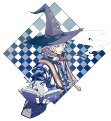 Rule 34 | 1boy, arch bishop (ragnarok online), artist name, black gloves, blue coat, book, checkered background, closed mouth, coat, commentary request, cropped jacket, cross, cross necklace, eye print, fingerless gloves, gloves, hat, holding, holding book, jacket, jewelry, kiseru, long sleeves, looking at viewer, male focus, necklace, purple hat, ragnarok online, ro mugi, short hair, signature, smile, smoke, smoking, smoking pipe, solo, upper body, white hair, white jacket, witch hat, yellow eyes
