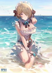 Rule 34 | 1girl, absurdres, bad id, bad pixiv id, beach, bow, breasts, brown hair, cleavage, frills, hair over one eye, hair ribbon, highres, honkai (series), honkai impact 3rd, kneeling, large breasts, looking at viewer, maid, maid headdress, maid one-piece swimsuit, mole, mole under eye, ocean, purple eyes, ribbon, rita rossweisse, rita rossweisse (phantom iron), short hair, smile, solo, thigh strap, unconventional maid, water, wrist cuffs, xianyu liang