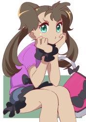 Rule 34 | 1girl, 34 (sanjushi), brown hair, closed mouth, creatures (company), dark-skinned female, dark skin, game freak, green eyes, highres, long hair, looking at viewer, nintendo, one-hour drawing challenge, pokemon, pokemon xy, pout, quad tails, shauna (pokemon), shorts, solo, twintails