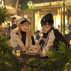 Rule 34 | 2girls, black hair, black headwear, black sweater, blonde hair, blurry, blurry background, closed mouth, coat, commentary, cross, cross necklace, day, drink, eating, english commentary, english text, food, fur-trimmed coat, fur trim, glasses, hair over shoulder, holding, holding drink, holding spoon, ice cream, jewelry, lamp, long sleeves, looking at viewer, mall, medium hair, multiple girls, necklace, open mouth, original, outdoors, people, plant, plate, short hair, sidelocks, smile, spoon, sundae, sweater, tanjiu, turtleneck, turtleneck sweater, two-tone sweater, upper body, white coat, white sweater, yellow eyes, yuri