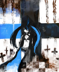 Rule 34 | 10s, 1girl, black hair, black rock shooter, black rock shooter (character), blue eyes, cape, chain, hair over one eye, long hair, midriff, monochrome, shorts, solo, spot color, twintails, ushiki yoshitaka, vocaloid