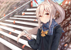 Rule 34 | 1girl, absurdres, ayanami (azur lane), azur lane, black jacket, black shirt, blue sailor collar, blue scarf, blue sky, bow, brown eyes, cellphone, closed mouth, cloud, commentary request, day, fingernails, fringe trim, hair between eyes, handrail, headgear, high ponytail, highres, holding, holding phone, jacket, kana (kuaua), leaf, light brown hair, long hair, long sleeves, outdoors, phone, ponytail, sailor collar, scarf, shirt, sky, smile, solo, stairs, stone stairs, upper body, very long hair, yellow bow