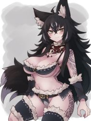 Rule 34 | 1girl, ahoge, animal ear fluff, animal ears, belt, black hair, blush, breasts, brown eyes, commentary, commission, fur trim, grey background, hair between eyes, highres, jewelry, large breasts, long hair, looking at viewer, navel, necklace, o-ring, original, simple background, skeb commission, smile, solo, tail, tooth necklace, very long hair, yonaga san