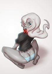 Rule 34 | 00s, 1girl, ass, barefoot, black sclera, blue eyes, butt crack, colored sclera, colored skin, creatures (company), darkrai, fang, from behind, game freak, gen 4 pokemon, grey hair, grey skin, hair over one eye, highres, john doe, kneeling, legendary pokemon, lips, long hair, looking at viewer, looking back, mythical pokemon, nintendo, no pants, nose, panties, personification, pokemon, pokemon dppt, soles, solo, squatting, striped clothes, striped panties, toes, trefoil, underwear, white background