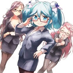 Rule 34 | &gt;:), 3girls, :d, ^ ^, adjusting eyewear, age difference, blouse, blue eyes, blue hair, breasts, business suit, cleavage, closed eyes, collarbone, collared shirt, commentary request, dress shirt, closed eyes, fantasista doll, formal, glasses, hair ornament, hair rings, hand on own hip, highres, katia (fantasista doll), long hair, madeleine (fantasista doll), multiple girls, nyama, open mouth, pantyhose, pencil skirt, pink hair, purple eyes, purple hair, red-framed eyewear, shimeji (fantasista doll), shirt, skirt, skirt suit, smile, suit, v-shaped eyebrows, very long hair, white shirt