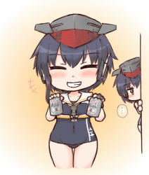 Rule 34 | ..., 10s, 2girls, alcohol, asahi breweries, asymmetrical hair, bare shoulders, beer, beer can, black hair, can, chibi, cowboy shot, drink can, facing viewer, framed breasts, full body, gloves, grin, hair between eyes, hat, headphones, i-13 (kancolle), i-14 (kancolle), kantai collection, mabuta, multiple girls, partially fingerless gloves, peeking out, sailor collar, school swimsuit, short hair, siblings, single glove, sisters, smile, solo focus, spoken ellipsis, standing, swimsuit, thigh gap
