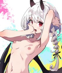 Rule 34 | 1girl, arm up, armpits, black ribbon, blush, braid, breasts, commentary, demon girl, demon horns, demon wings, hair ribbon, hand to own mouth, highres, horns, long hair, looking at viewer, multicolored background, navel, nipples, open mouth, original, paid reward available, red eyes, ribbon, small breasts, solo, topless, twin braids, upper body, ushiki yoshitaka, white hair, wings
