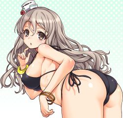 Rule 34 | 10s, 1girl, ass, bad id, bad twitter id, bangle, bent over, bikini, black bikini, blush, bracelet, breasts, brown eyes, grey hair, hair between eyes, hat, inactive account, jewelry, kantai collection, large breasts, long hair, looking at viewer, mini hat, open mouth, pola (kancolle), polka dot, polka dot background, solo, swimsuit, uousa-ou, wavy hair