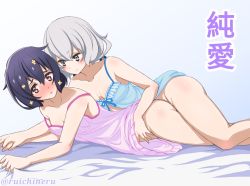 Rule 34 | 2girls, bed sheet, black hair, blue background, blue dress, blue eyes, blush, bottomless, breasts, cleavage, clothes lift, dress, dress lift, embarrassed, flower, gradient background, hair flower, hair ornament, holding hands, interlocked fingers, konno junko, lifting another&#039;s clothes, lying, mizuno ai, multiple girls, nightgown, off shoulder, on side, parted lips, pink dress, pink eyes, shiny skin, short dress, short hair, silver hair, sleeveless, sleeveless dress, small breasts, twitter username, white background, yellow flower, yuri, zombie land saga