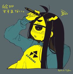 Rule 34 | 1girl, blue theme, chair, clenched teeth, cyclops, dated, grey background, halftone, hand up, holding, holding pen, limited palette, long hair, muku-chan (muroku), muroku (aimichiyo0526), one-eyed, original, pen, raglan sleeves, reclining, shirt, signature, simple background, sitting, solo, squiggle, tears, teeth, translation request, upper body, x x, yellow theme