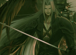 Rule 34 | 1990s (style), 1boy, bad id, bad pixiv id, black wings, final fantasy, final fantasy vii, long hair, male focus, sephiroth, single wing, smile, solo, sword, very long hair, weapon, white hair, wings, yutono